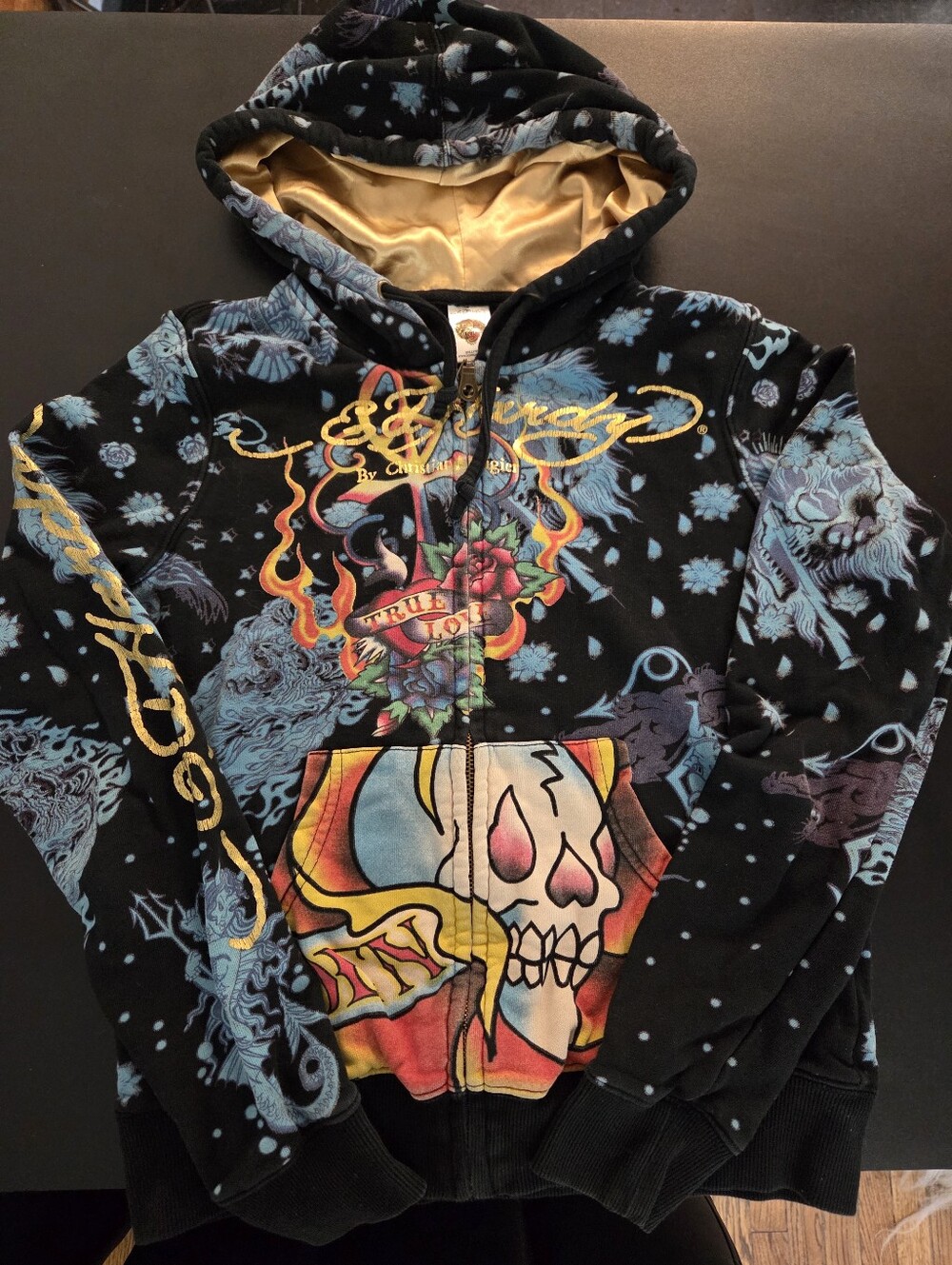 Rare Ed Hardy Christian Audigier Black Hoodie with Graphic and Gold Hood